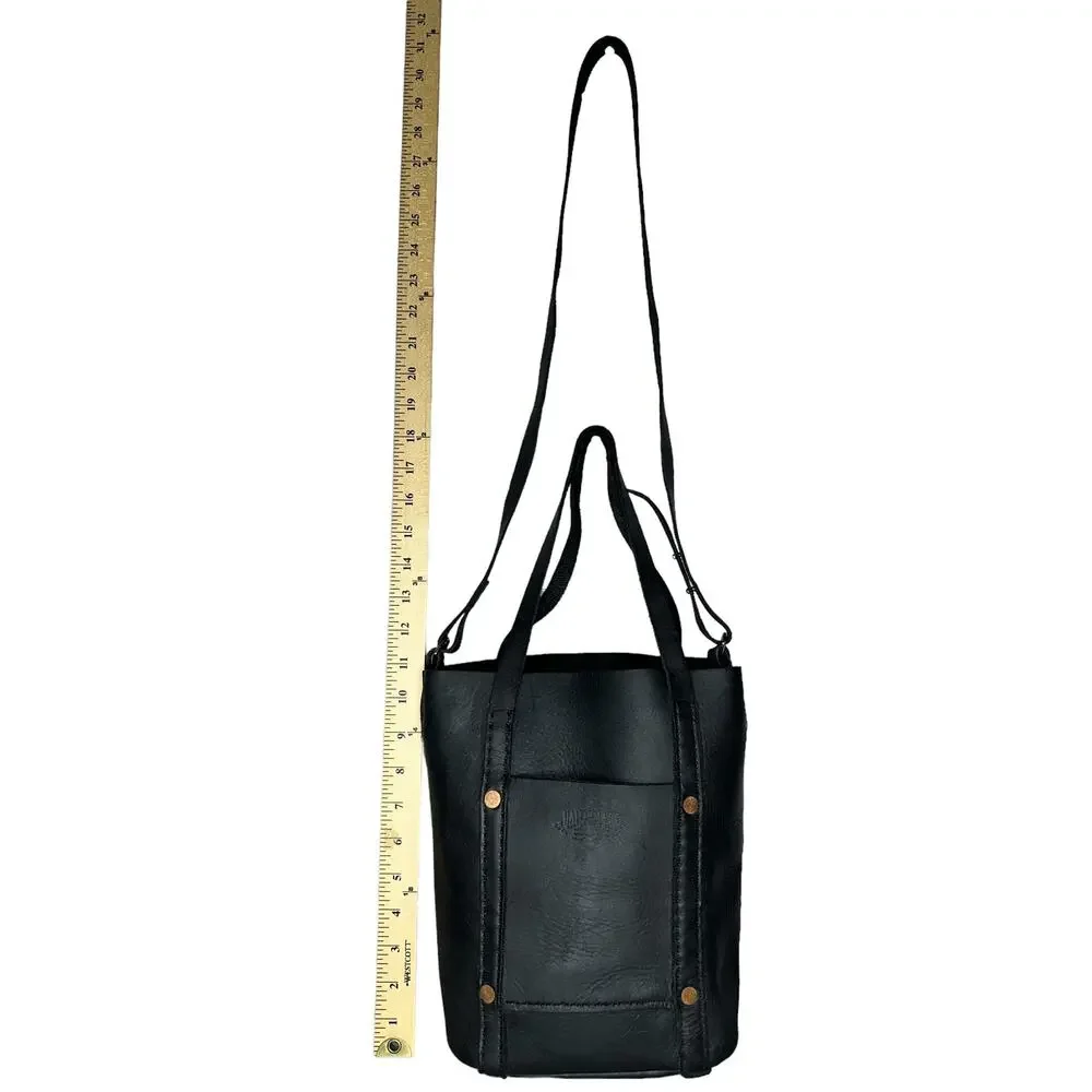 Haiti Made Mini Travay Upright Saddle Black Leather Tote Bag Purse Front Pocket